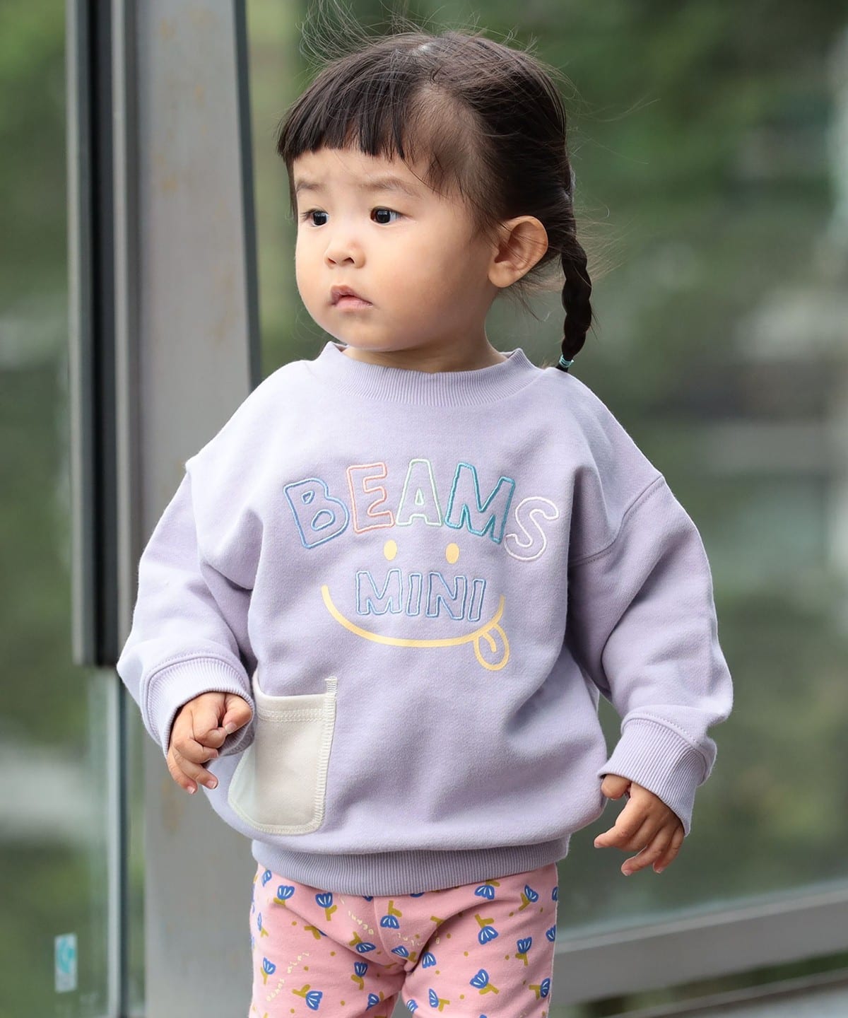 【BEAMS Mini】 微笑圖案刺繡圓領衫