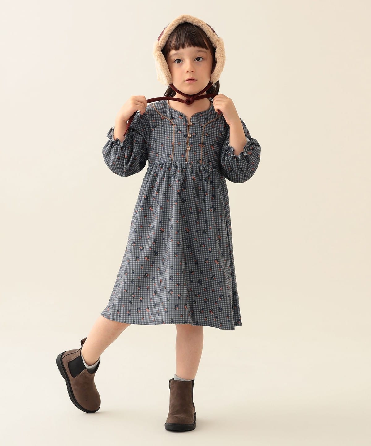 【BEAMS Mini】 花格燈芯絨連衣裙